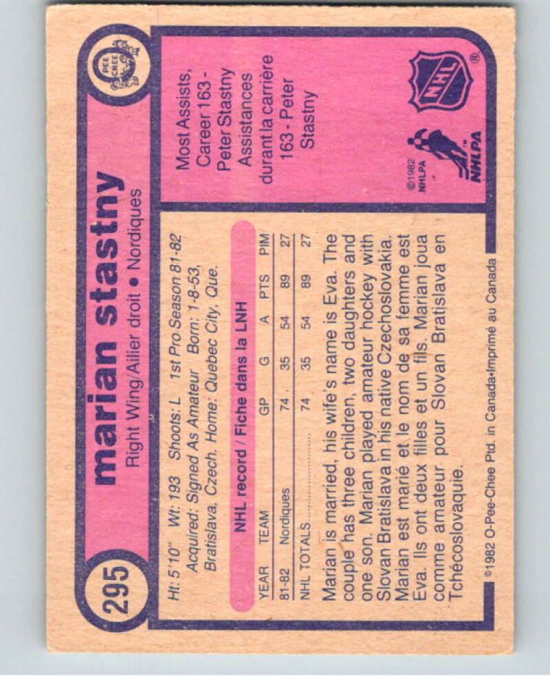 1982-83 O-Pee-Chee #295 Marian Stastny RC Rookie Quebec Nordiques V59145 Image 2