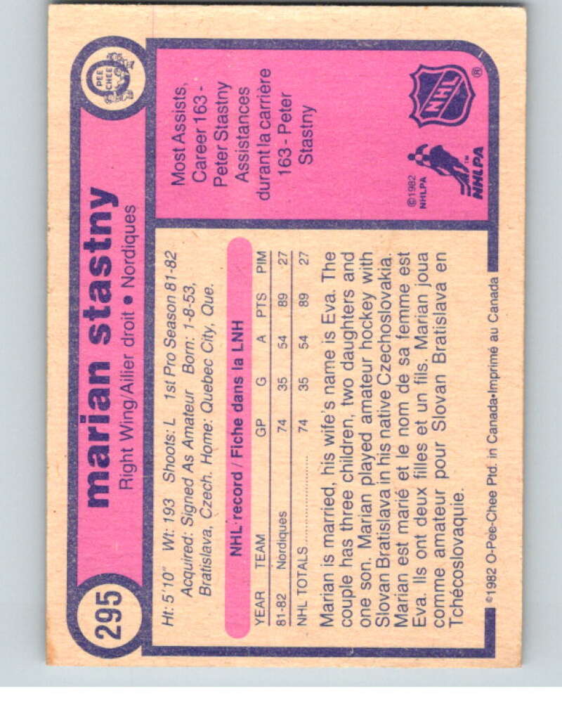 1982-83 O-Pee-Chee #295 Marian Stastny RC Rookie Quebec Nordiques V59147 Image 2