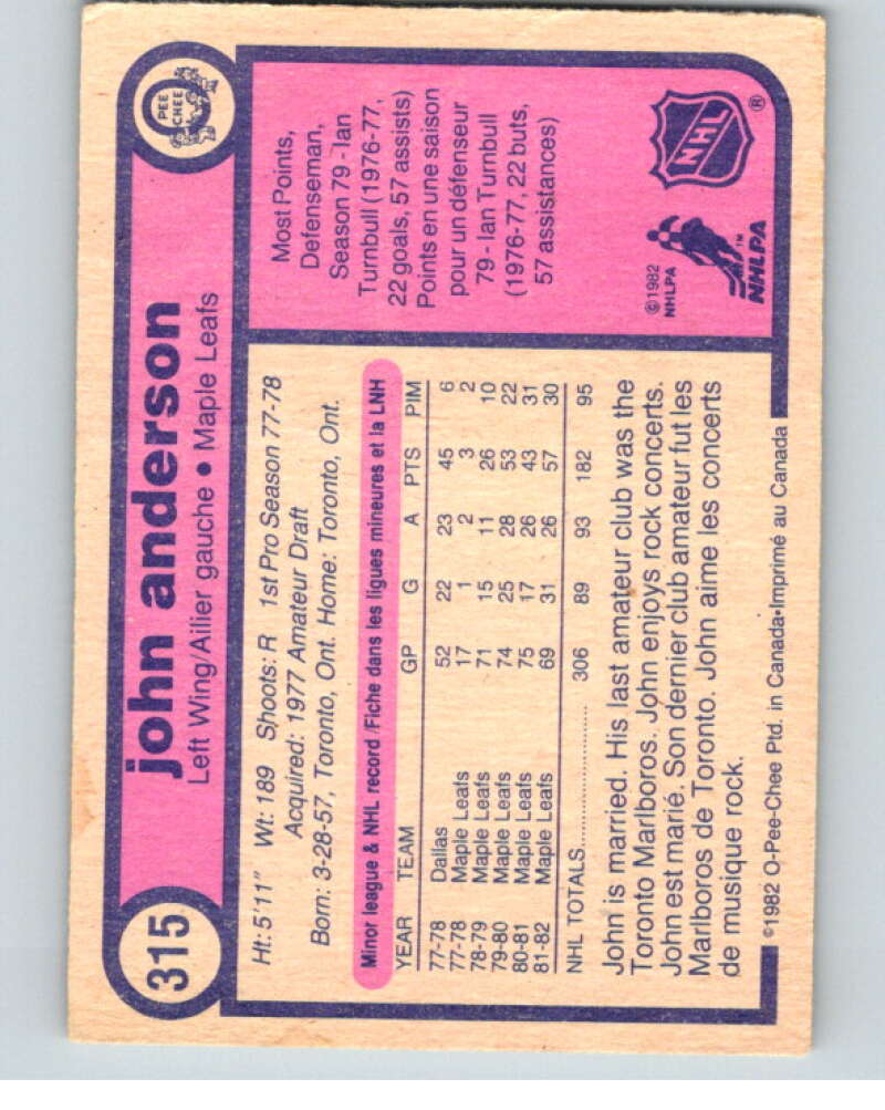 1982-83 O-Pee-Chee #315 John Anderson RC Rookie Toronto Maple Leafs V59292 Image 2