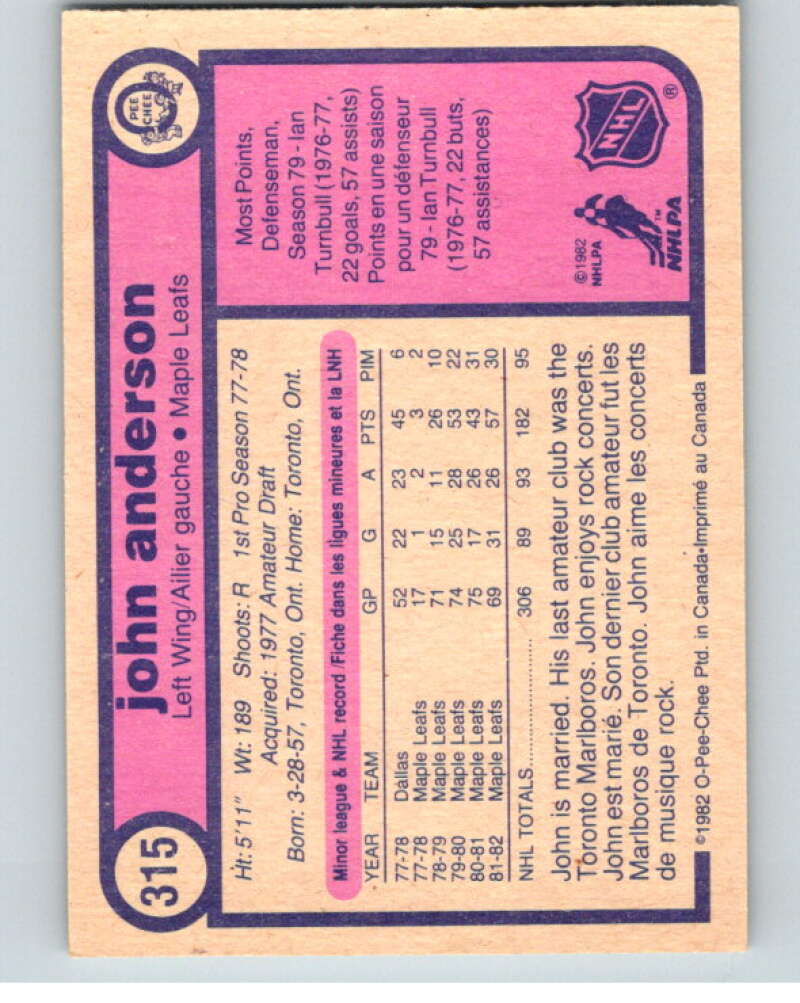1982-83 O-Pee-Chee #315 John Anderson RC Rookie Toronto Maple Leafs V59296 Image 2