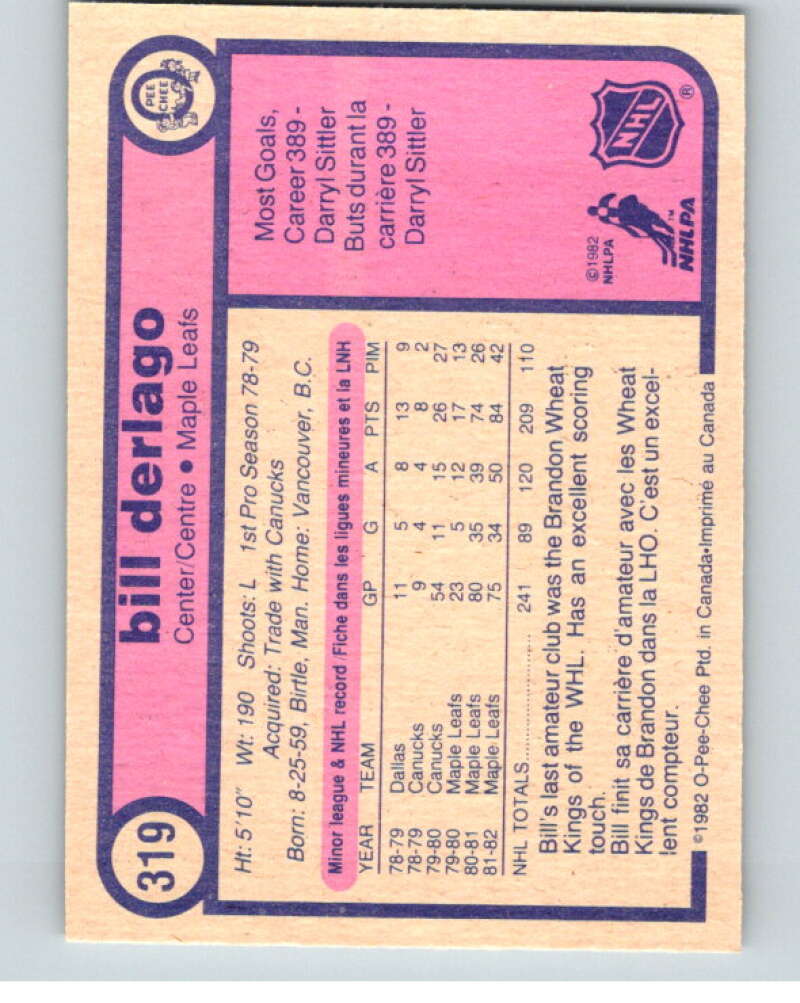 1982-83 O-Pee-Chee #319 Bill Derlago  Toronto Maple Leafs  V59324 Image 2