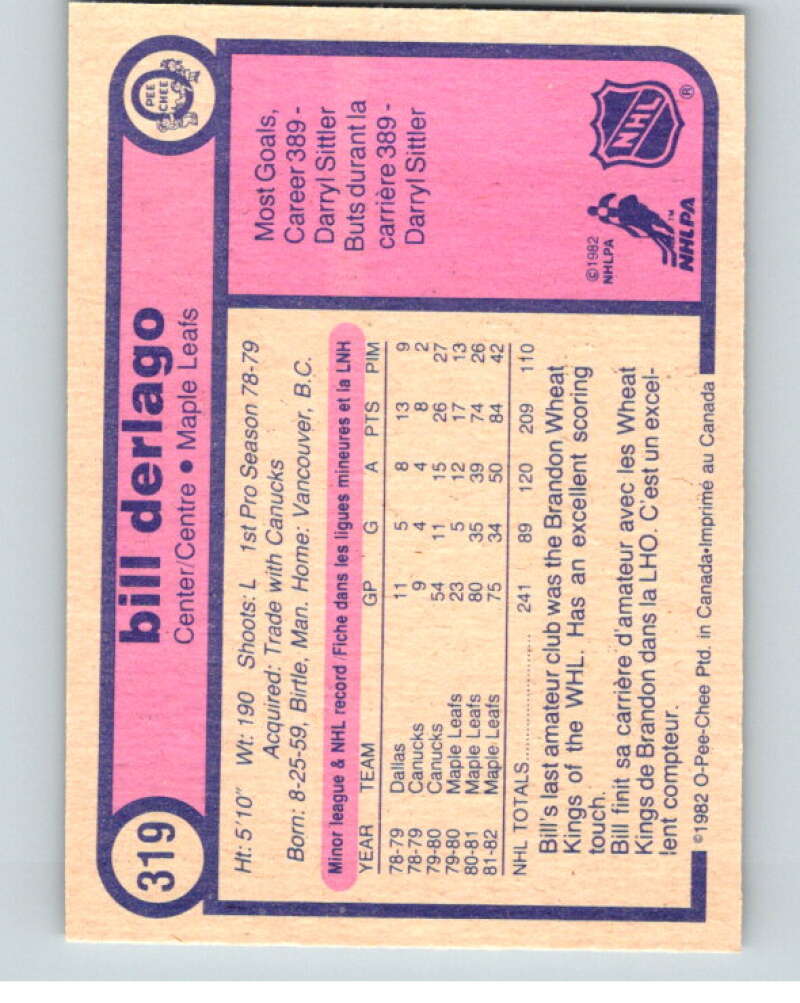 1982-83 O-Pee-Chee #319 Bill Derlago Toronto Maple Leafs V59324 Image 2