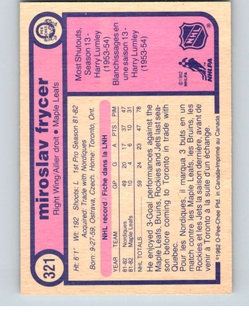 1982-83 O-Pee-Chee #321 Miroslav Frycer RC Rookie Toronto Maple Leafs V59340 Image 2
