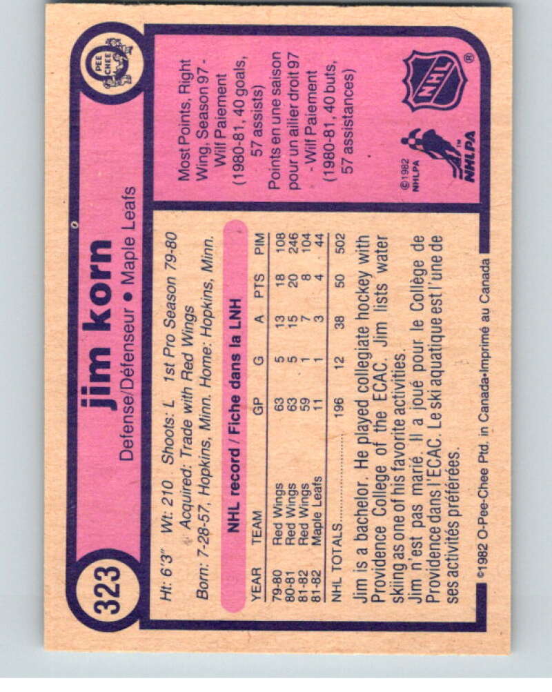 1982-83 O-Pee-Chee #323 Jim Korn Toronto Maple Leafs V59355 Image 2