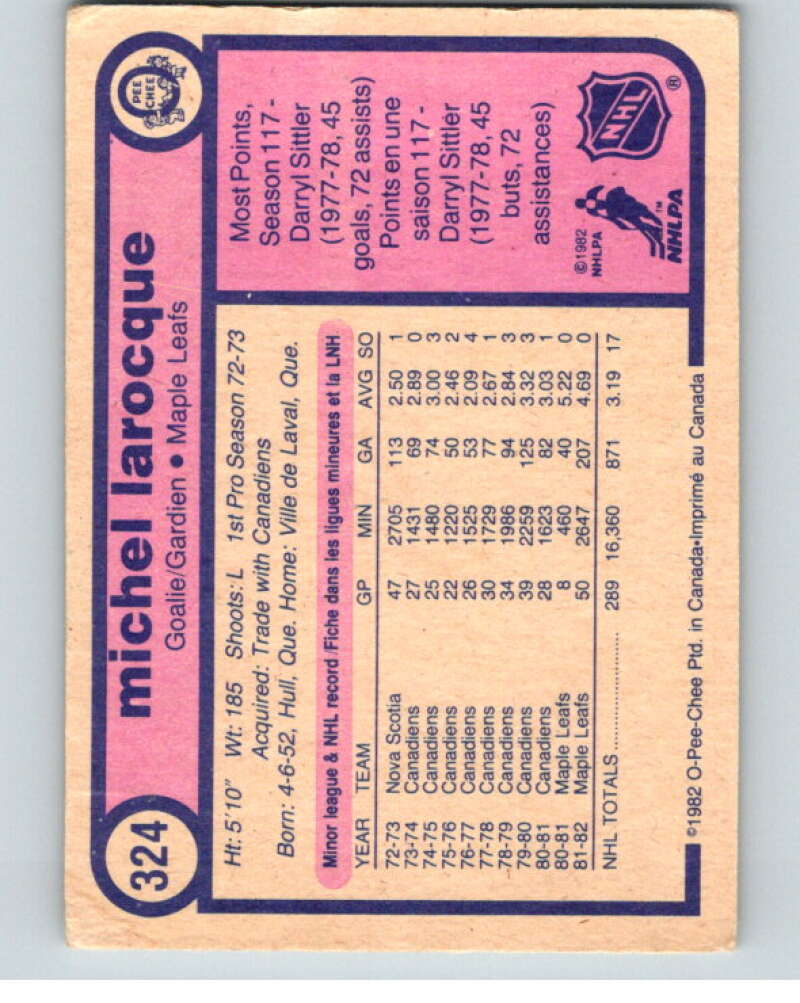 1982-83 O-Pee-Chee #324 Michel Larocque Toronto Maple Leafs V59358 Image 2
