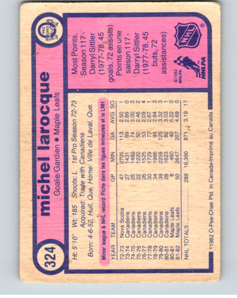1982-83 O-Pee-Chee #324 Michel Larocque Toronto Maple Leafs V59359 Image 2