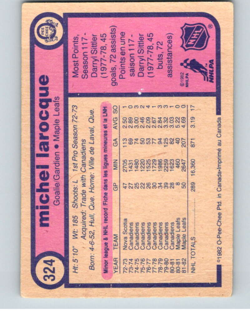 1982-83 O-Pee-Chee #324 Michel Larocque Toronto Maple Leafs V59360 Image 2
