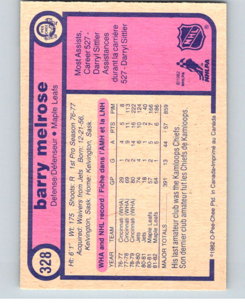 1982-83 O-Pee-Chee #328 Barry Melrose Toronto Maple Leafs V59390 Image 2