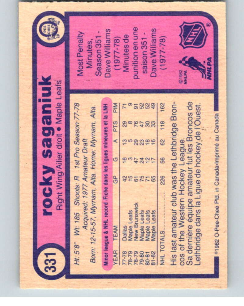 1982-83 O-Pee-Chee #331 Rocky Saganiuk Toronto Maple Leafs V59417 Image 2