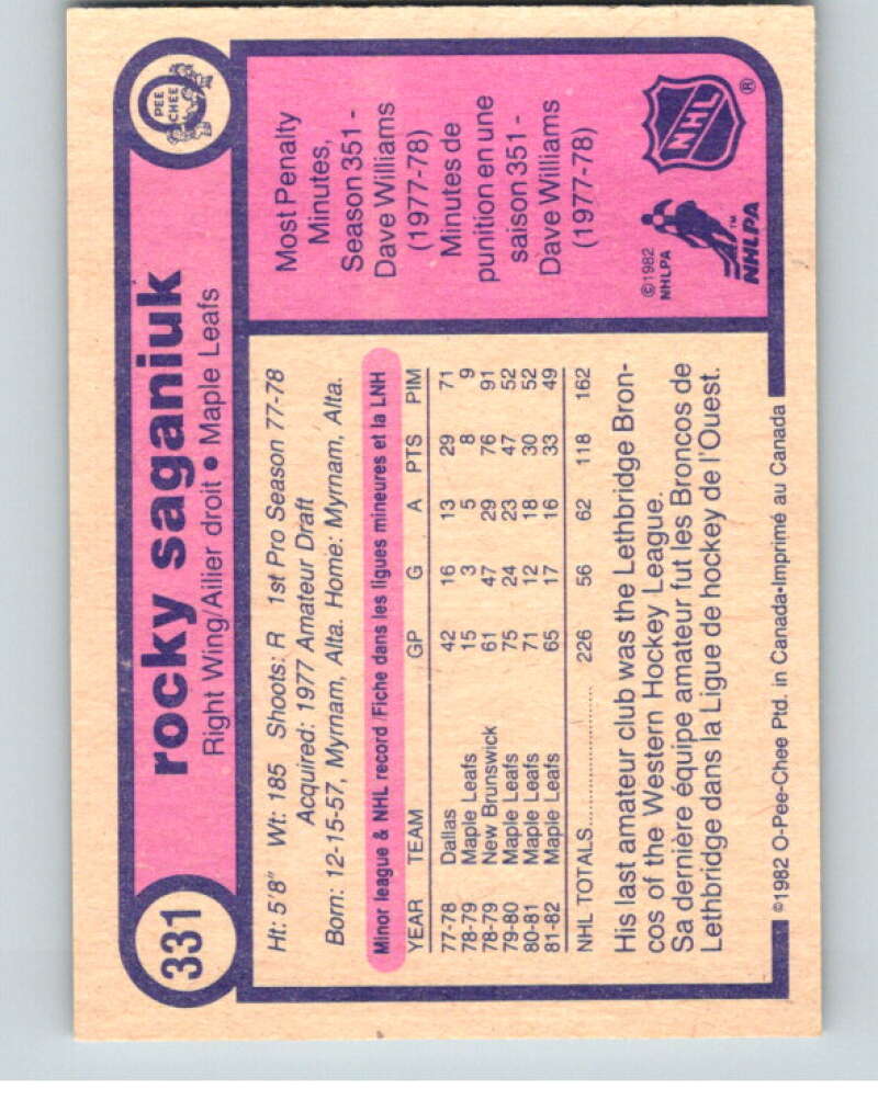 1982-83 O-Pee-Chee #331 Rocky Saganiuk  Toronto Maple Leafs  V59419 Image 2