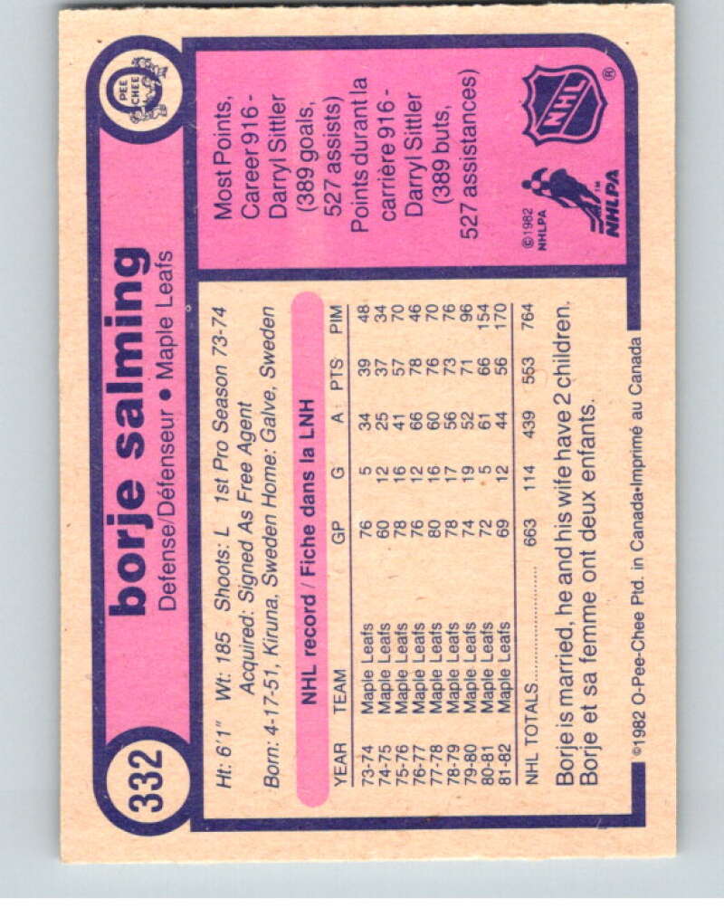 1982-83 O-Pee-Chee #332 Borje Salming  Toronto Maple Leafs  V59424 Image 2