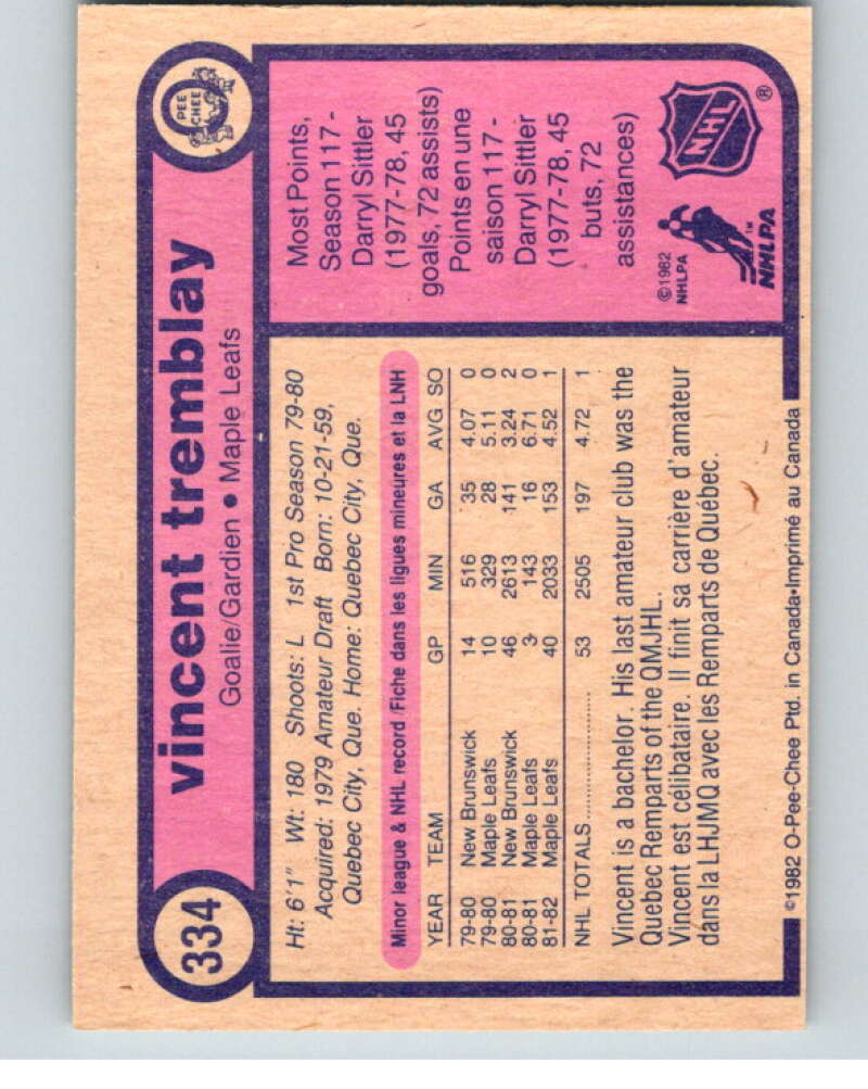 1982-83 O-Pee-Chee #334 Vincent Tremblay RC Rookie Toronto Maple Leafs V59435 Image 2