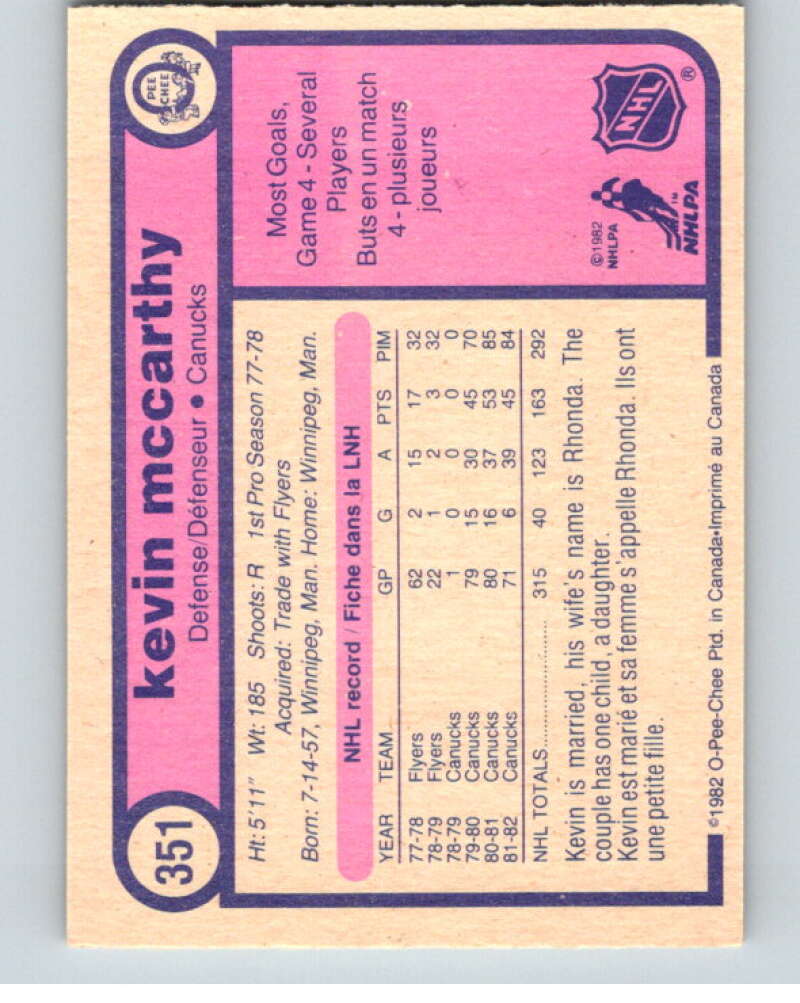 1982-83 O-Pee-Chee #351 Kevin McCarthy Vancouver Canucks V59556 Image 2