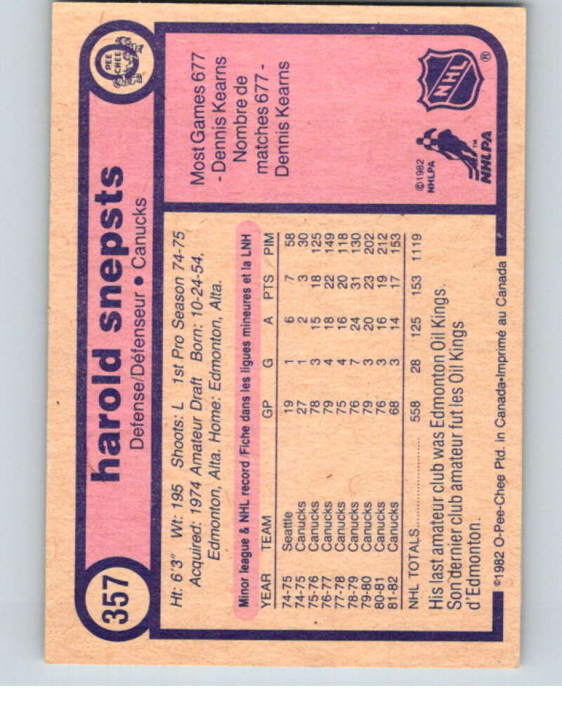 1982-83 O-Pee-Chee #357 Harold Snepsts Vancouver Canucks V59608 Image 2