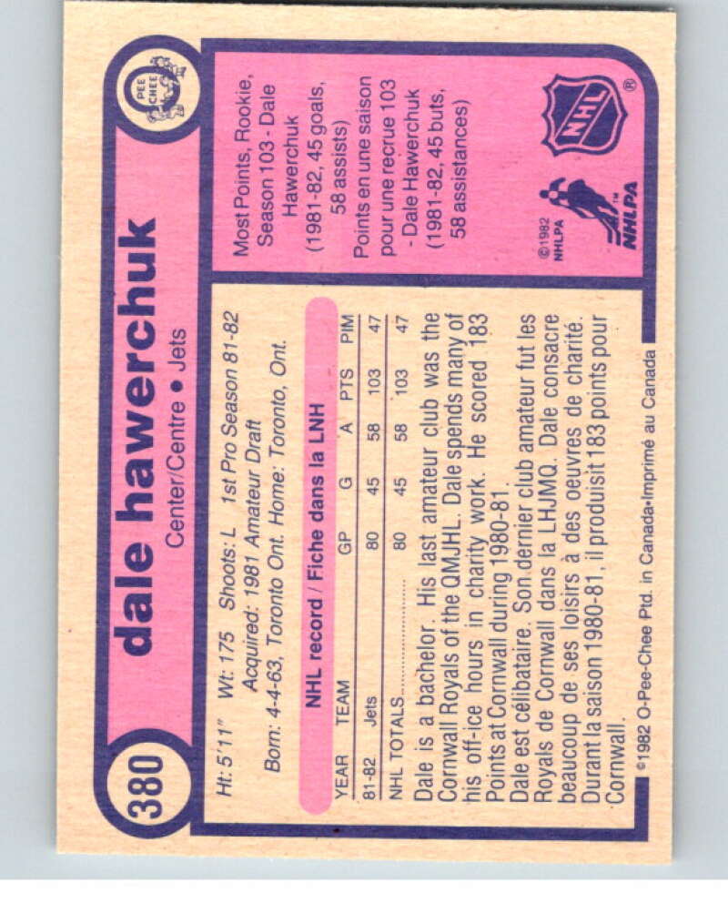 1982-83 O-Pee-Chee #380 Dale Hawerchuk RC Rookie Winnipeg Jets V59809 Image 2