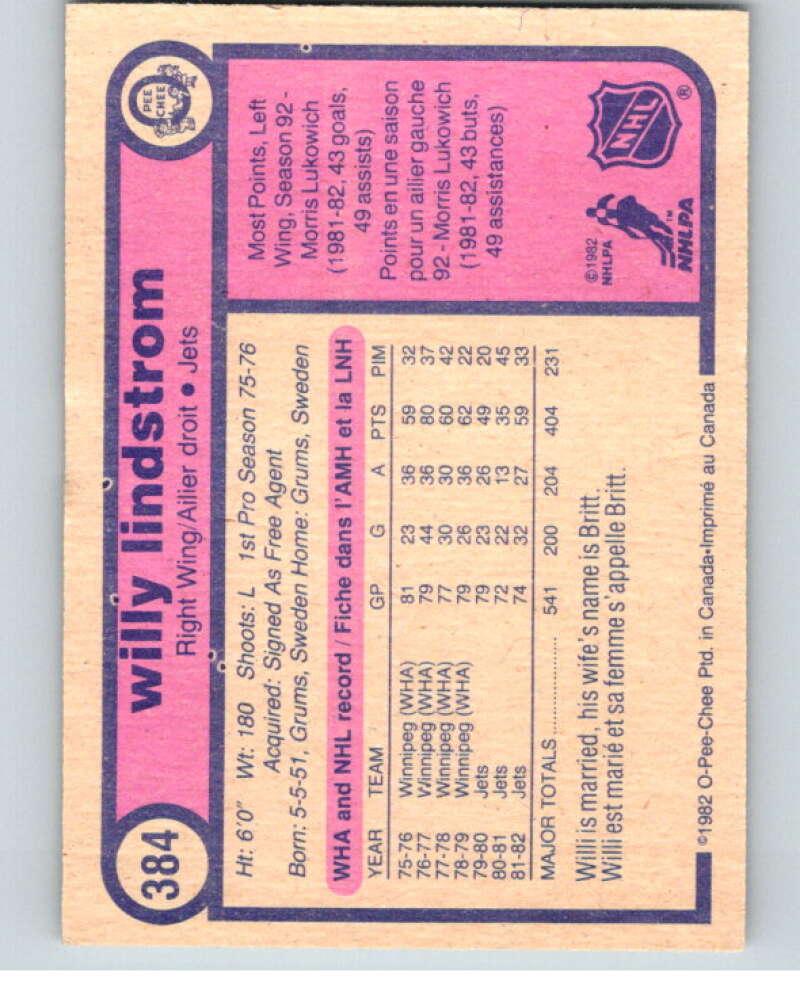 1982-83 O-Pee-Chee #384 Willy Lindstrom Winnipeg Jets V59836 Image 2