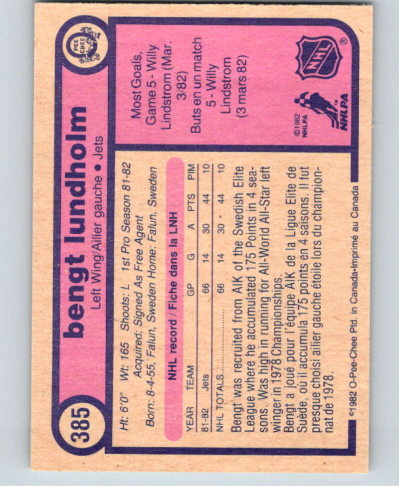 1982-83 O-Pee-Chee #385 Bengt Lundholm RC Rookie Winnipeg Jets V59841 Image 2