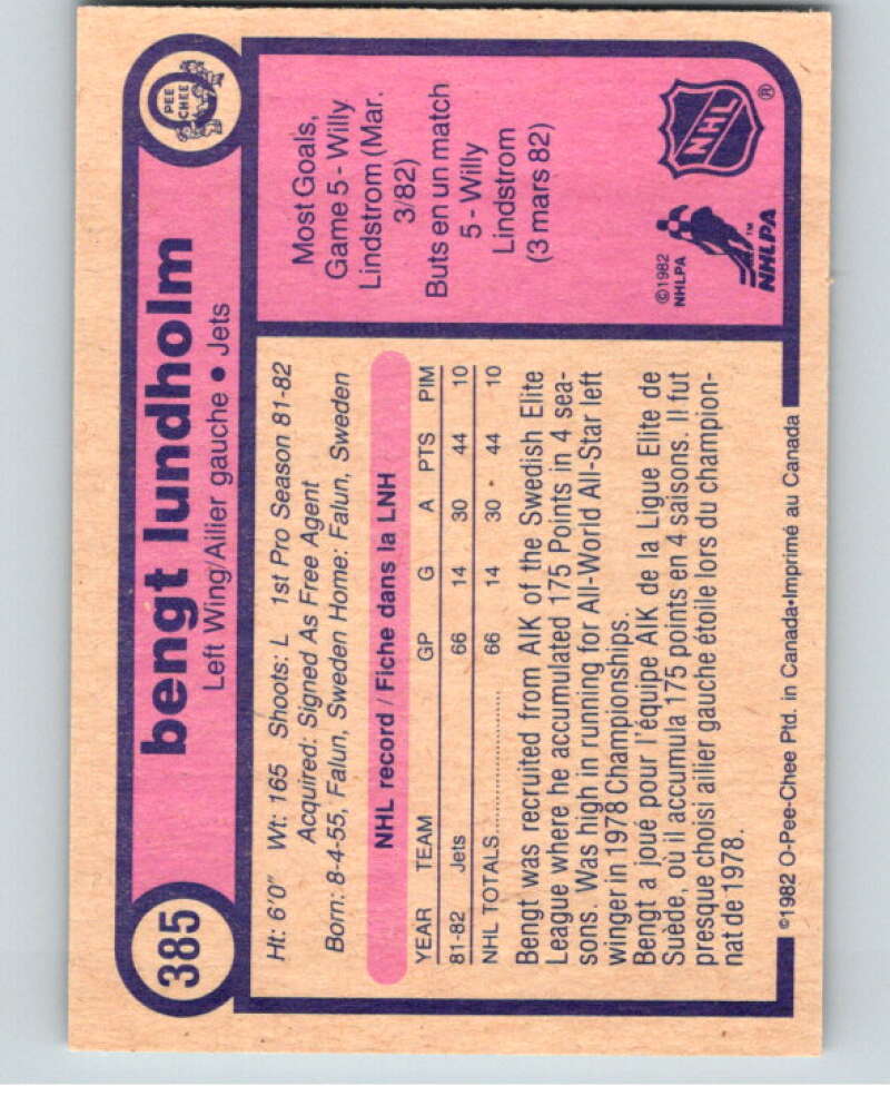1982-83 O-Pee-Chee #385 Bengt Lundholm  RC Rookie Winnipeg Jets  V59841 Image 2