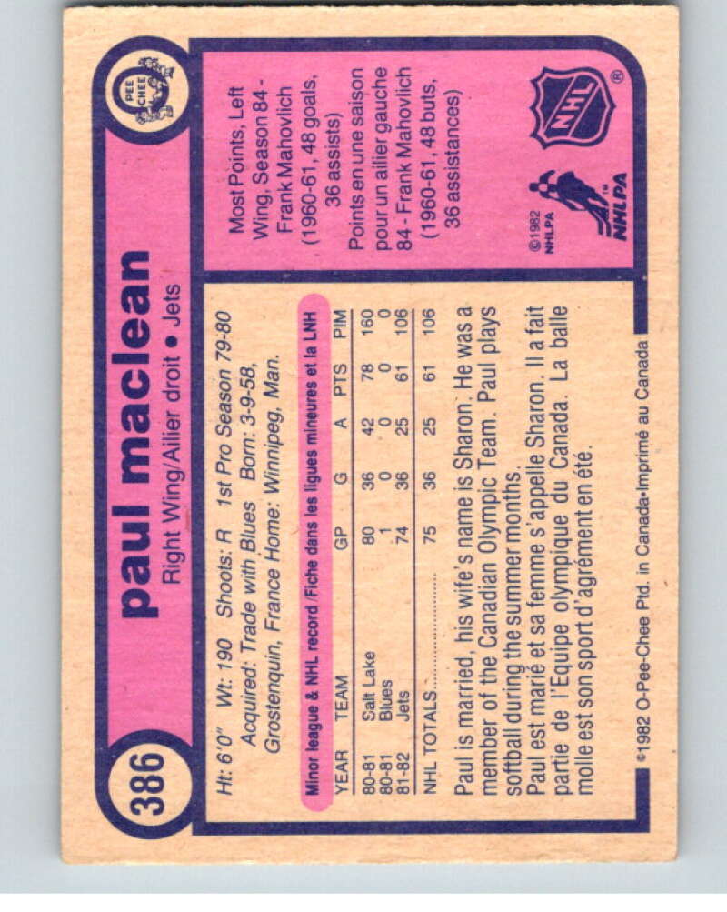 1982-83 O-Pee-Chee #386 Paul MacLean UER RC Rookie Winnipeg Jets V59846 Image 2