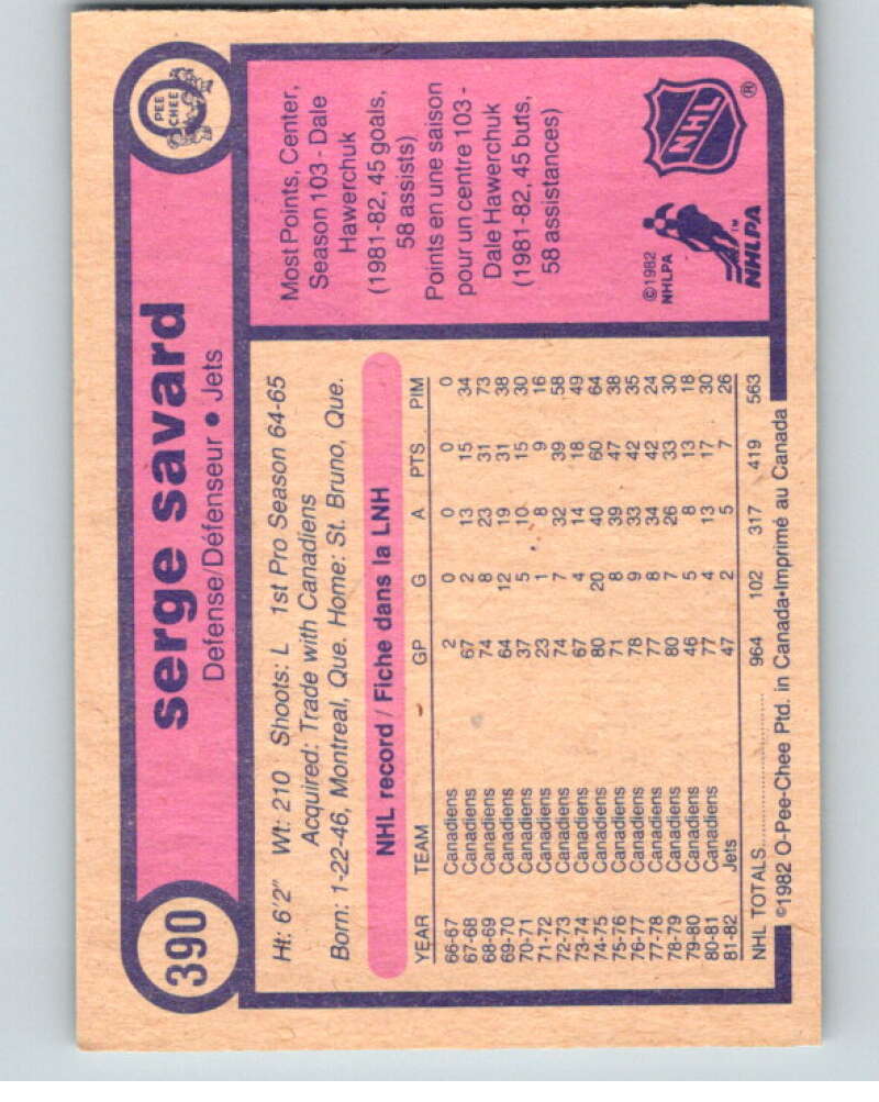 1982-83 O-Pee-Chee #390 Serge Savard Winnipeg Jets V59882 Image 2