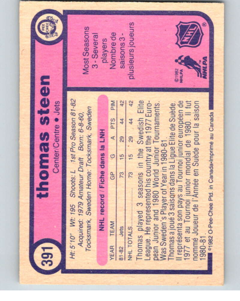1982-83 O-Pee-Chee #391 Thomas Steen RC Rookie Winnipeg Jets V59893 Image 2