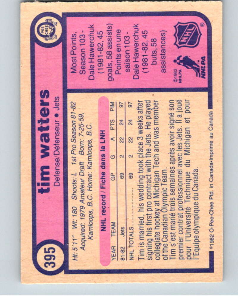 1982-83 O-Pee-Chee #395 Tim Watters RC Rookie Winnipeg Jets V59917 Image 2