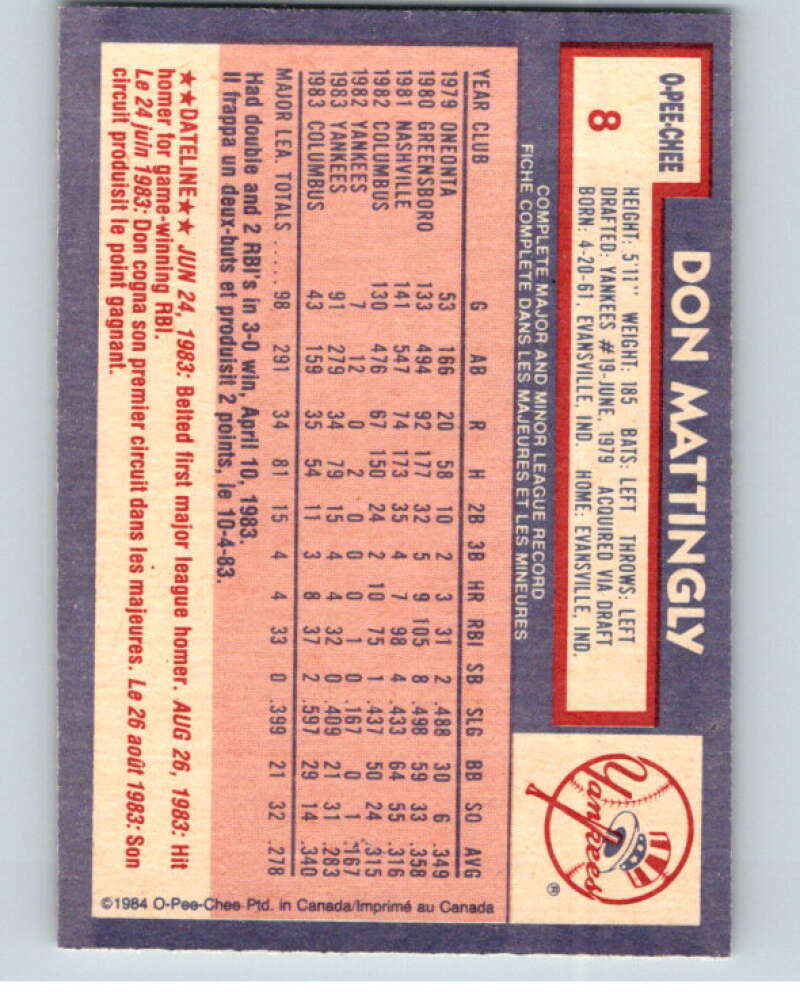 1984 O-Pee-Chee Baseball #8 Don Mattingly RC Rookie V59925 Image 2