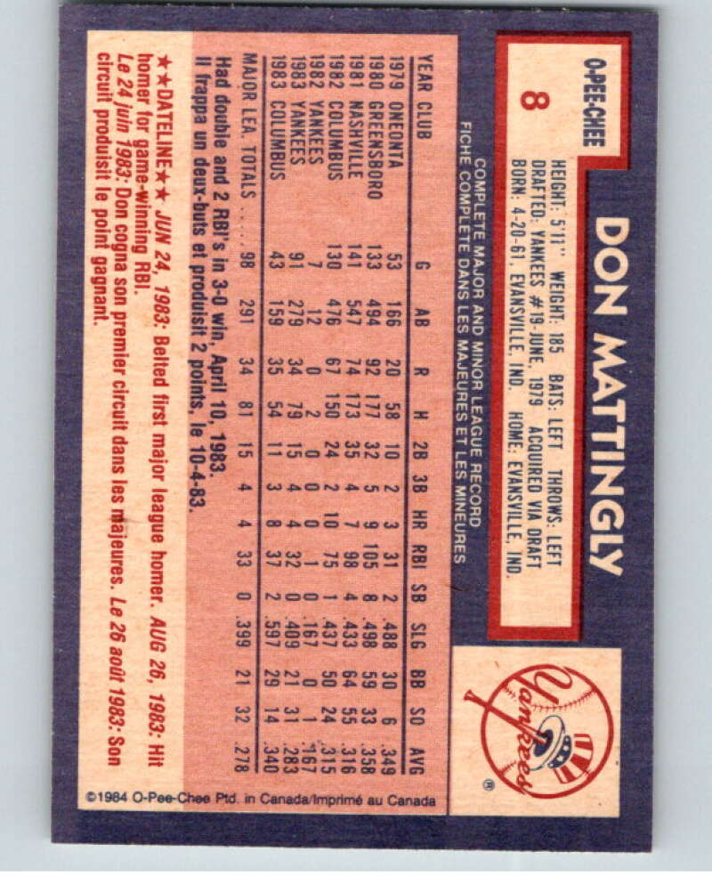 1985 O-Pee-Chee Baseball #8 Don Mattingly  RC Rookie  V59926 Image 2