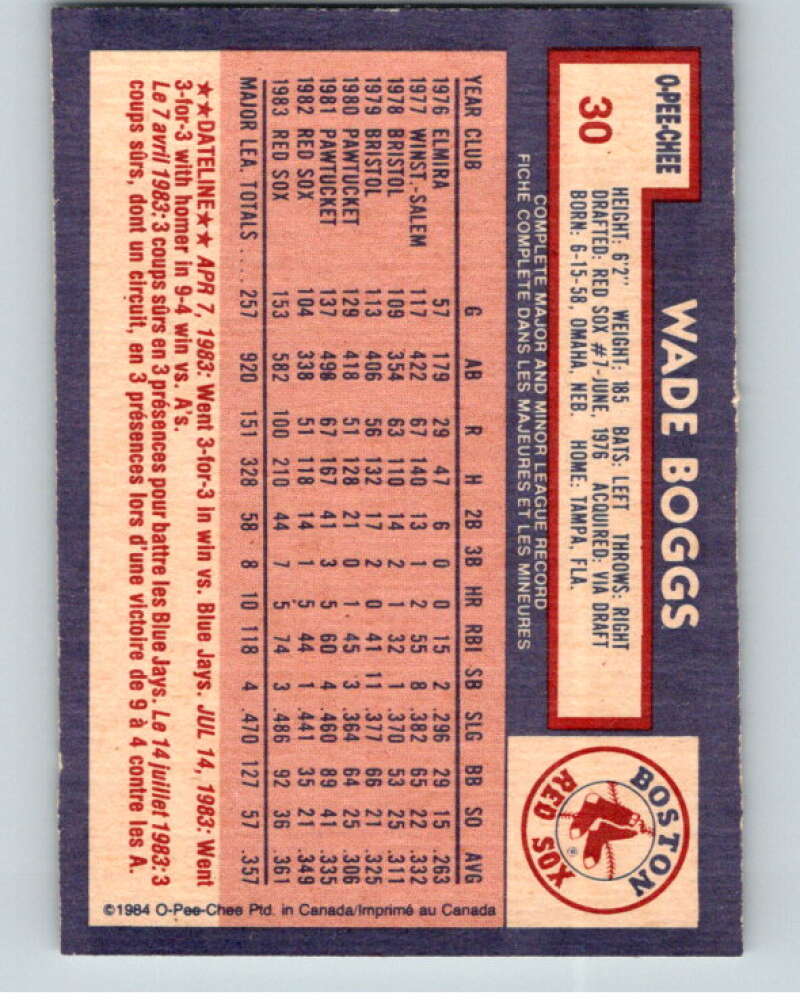 1984 O-Pee-Chee Baseball #30 Wade Boggs  Boston Red Sox  V59932 Image 2