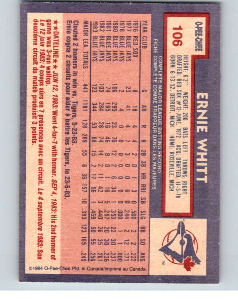 1984 O-Pee-Chee Baseball #106 Ernie Whitt Toronto Blue Jays V59948 Image 2