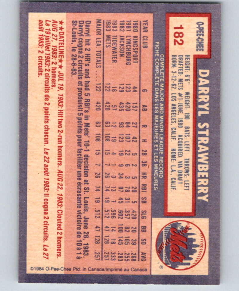 1985 O-Pee-Chee Baseball #182 Darryl Strawberry RC Rookie V59953 Image 2