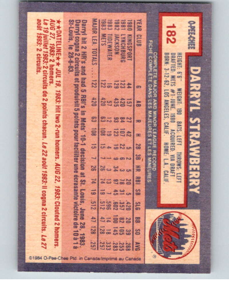 1985 O-Pee-Chee Baseball #182 Darryl Strawberry  RC Rookie  V59953 Image 2