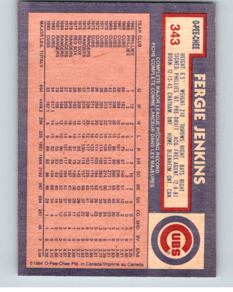 1984 O-Pee-Chee Baseball #343 Fergie Jenkins Chicago Cubs V59974 Image 2