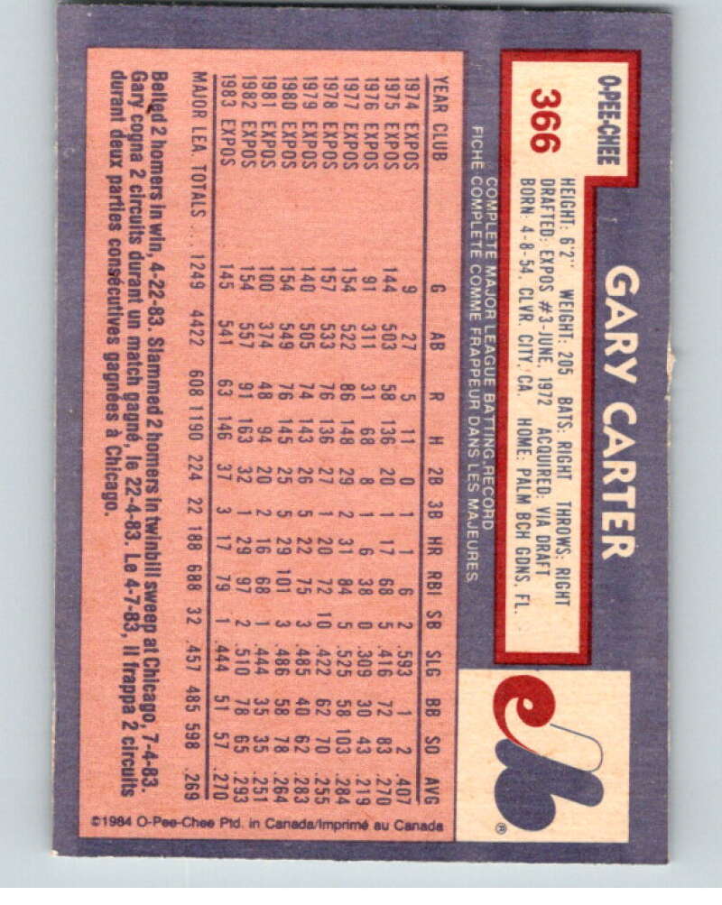 1984 O-Pee-Chee Baseball #366 Gary Carter  Montreal Expos  V63202 Image 2