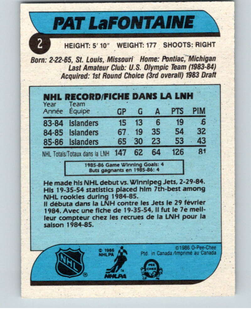 1986-87 O-Pee-Chee #2 Pat LaFontaine  New York Islanders  V63204 Image 2