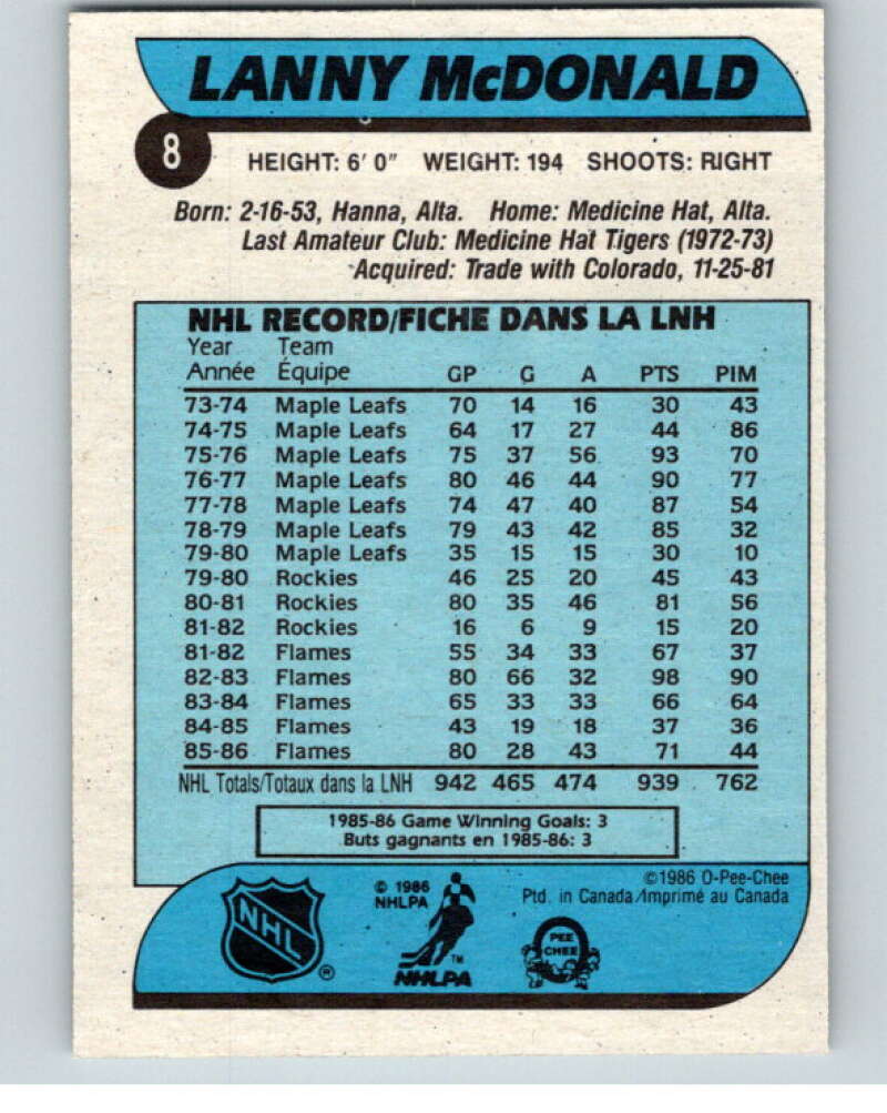 1986-87 O-Pee-Chee #8 Lanny McDonald Calgary Flames V63215 Image 2