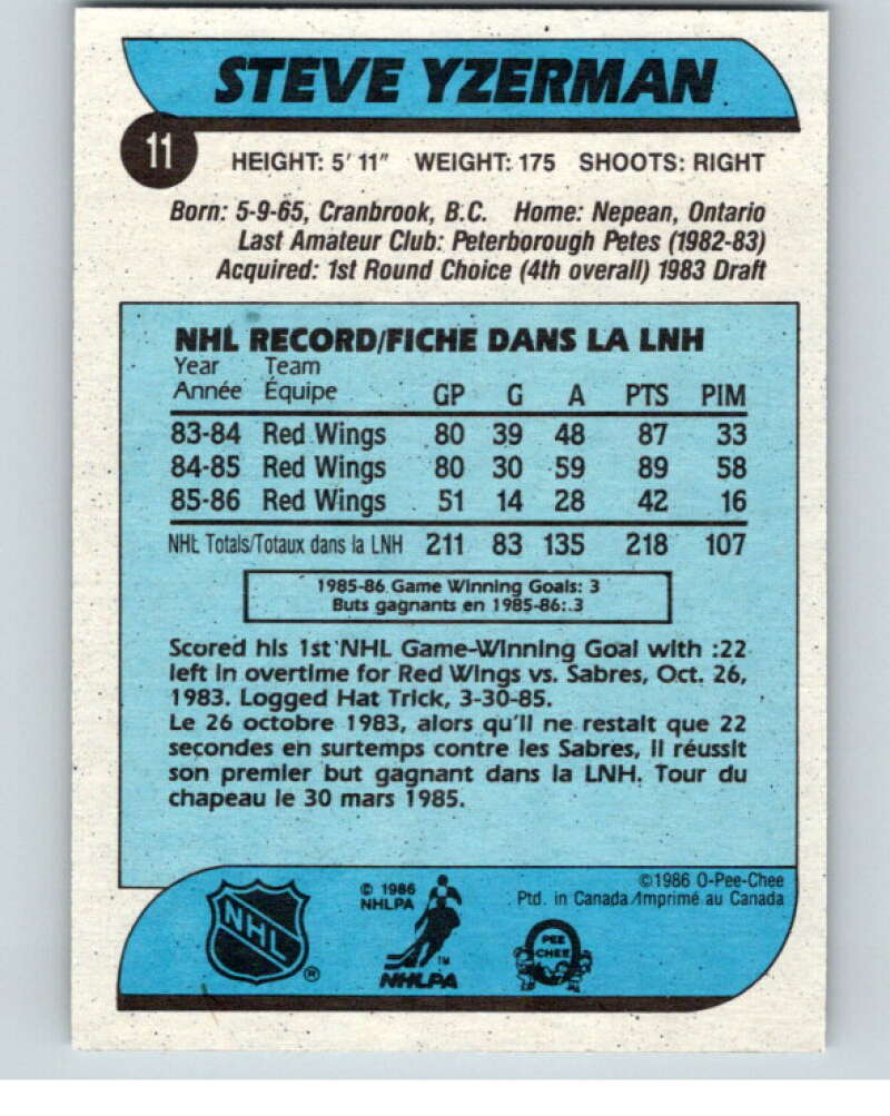 1986-87 O-Pee-Chee #11 Steve Yzerman Detroit Red Wings V63218 Image 2