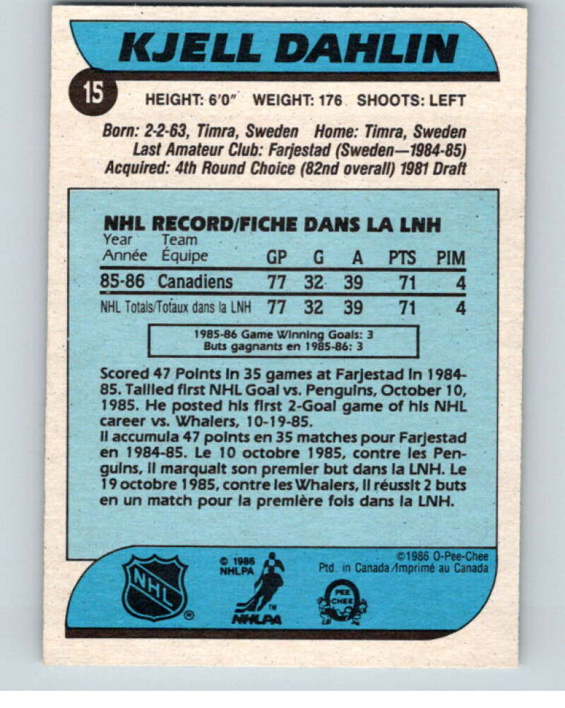 1986-87 O-Pee-Chee #15 Kjell Dahlin RC Rookie Montreal Canadiens V63226 Image 2