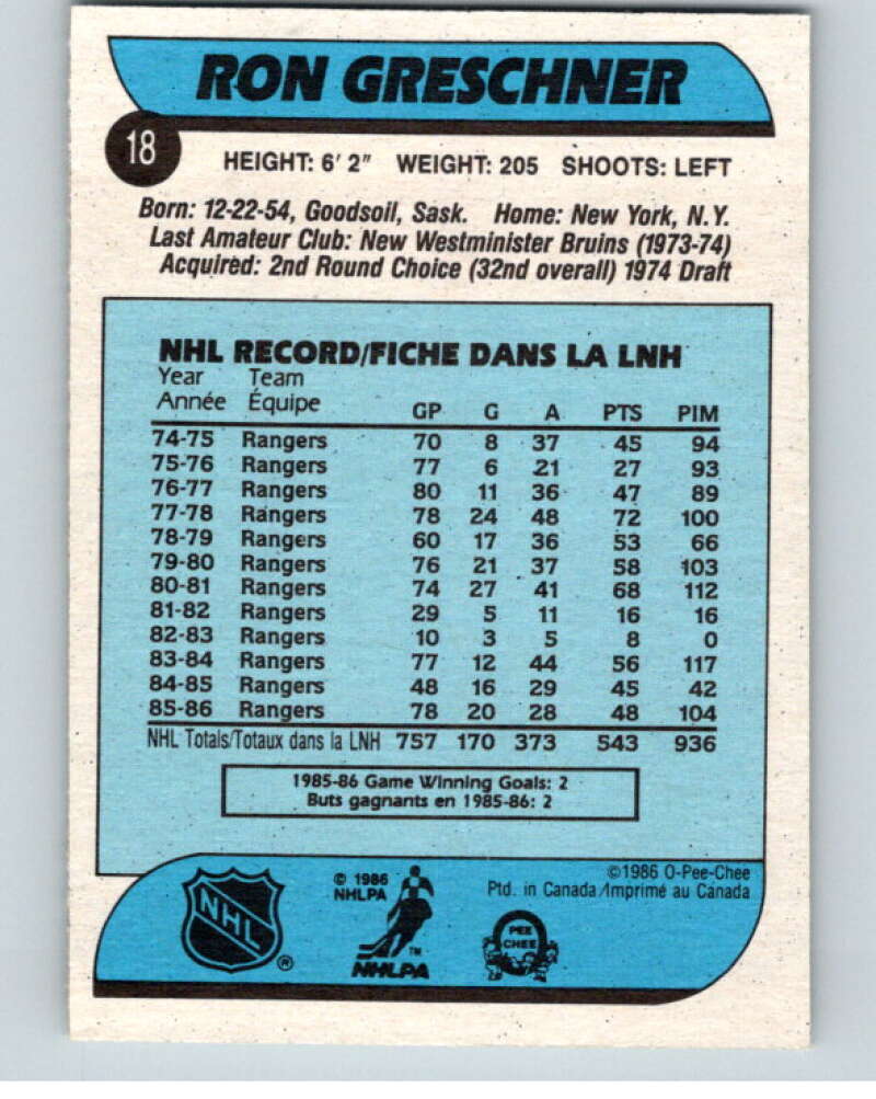 1986-87 O-Pee-Chee #18 Ron Greschner  New York Rangers  V63231 Image 2
