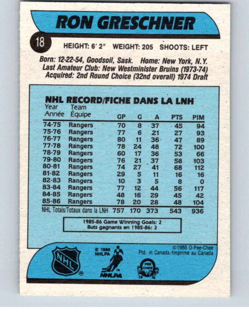 1986-87 O-Pee-Chee #18 Ron Greschner New York Rangers V63231 Image 2