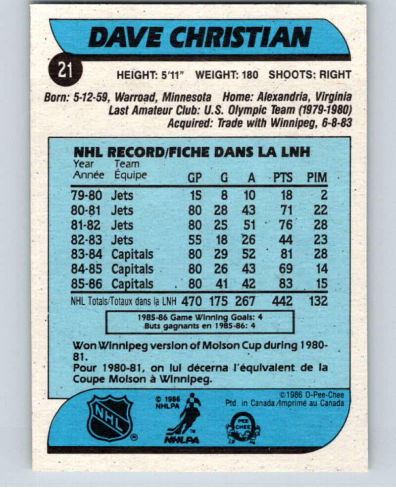 1986-87 O-Pee-Chee #21 Dave Christian Washington Capitals V63240 Image 2
