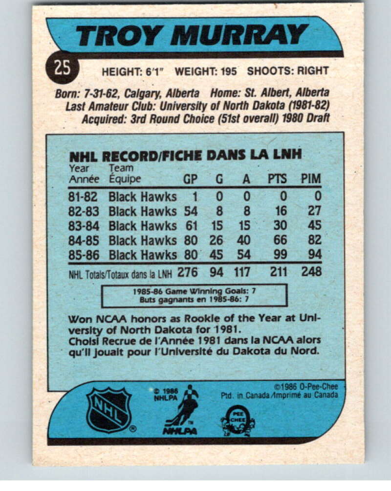 1986-87 O-Pee-Chee #25 Troy Murray Chicago Blackhawks V63246 Image 2