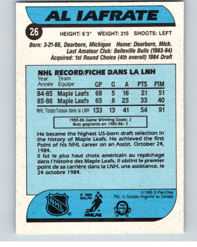 1986-87 O-Pee-Chee #26 Al Iafrate Toronto Maple Leafs V63251 Image 2