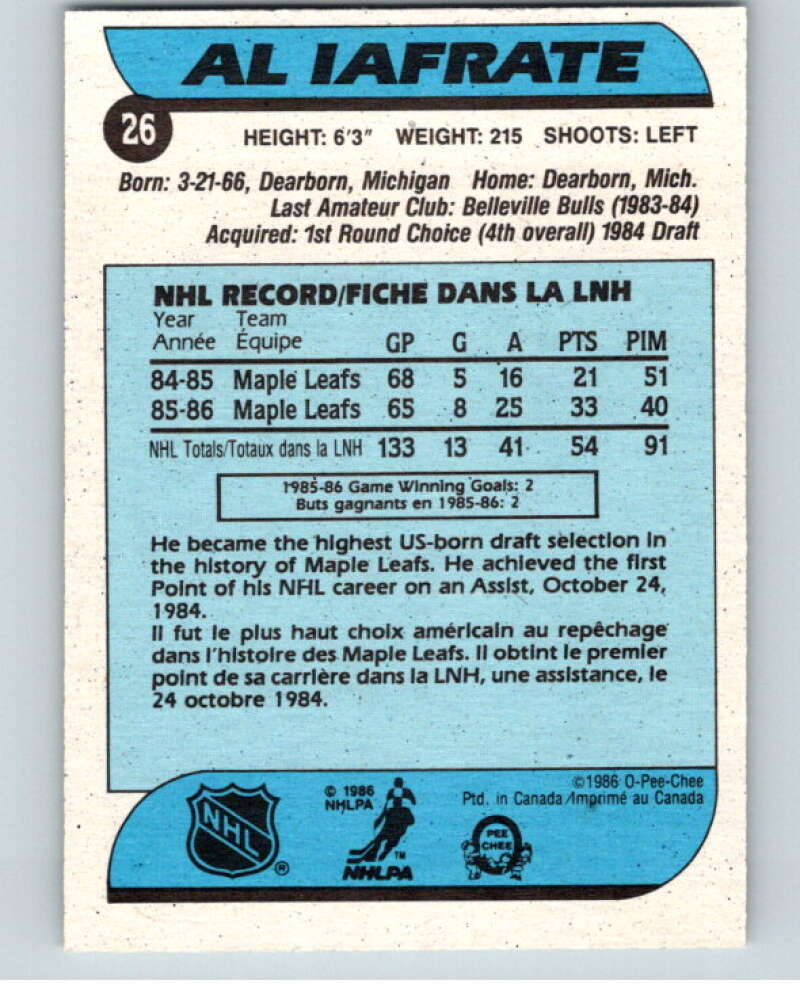 1986-87 O-Pee-Chee #26 Al Iafrate  Toronto Maple Leafs  V63251 Image 2