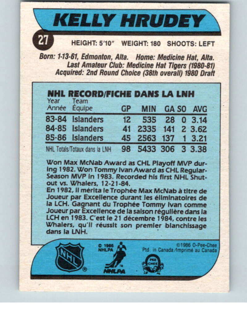 1986-87 O-Pee-Chee #27 Kelly Hrudey  New York Islanders  V63252 Image 2