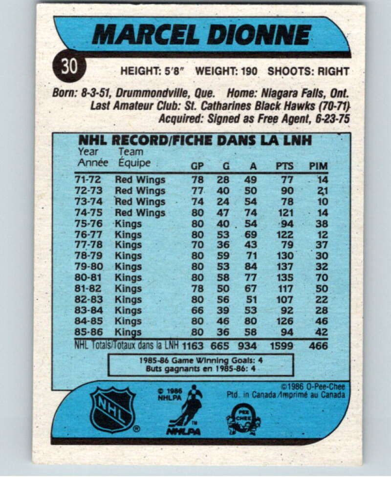 1986-87 O-Pee-Chee #30 Marcel Dionne Los Angeles Kings V63256 Image 2