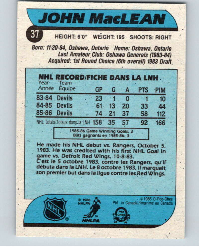 1986-87 O-Pee-Chee #37 John MacLean RC Rookie New Jersey Devils V63270 Image 2