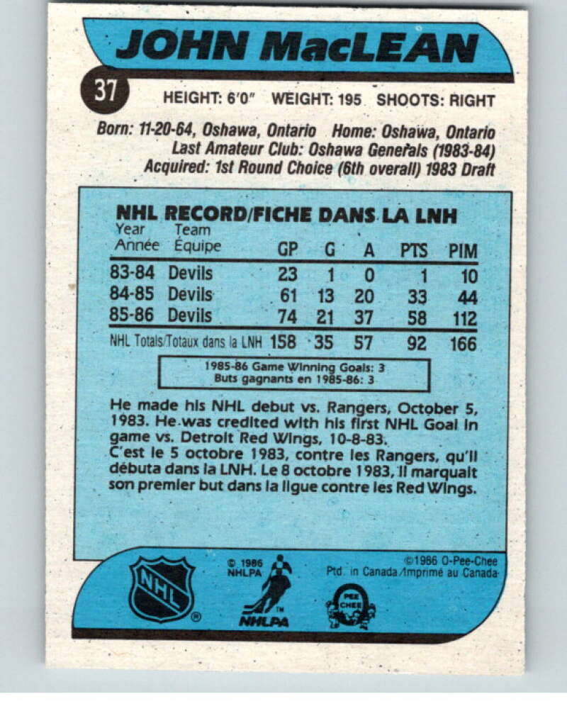1986-87 O-Pee-Chee #37 John MacLean RC Rookie New Jersey Devils V63271 Image 2