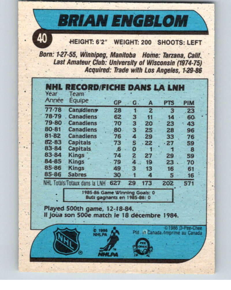 1986-87 O-Pee-Chee #40 Brian Engblom Calgary Flames V63278 Image 2