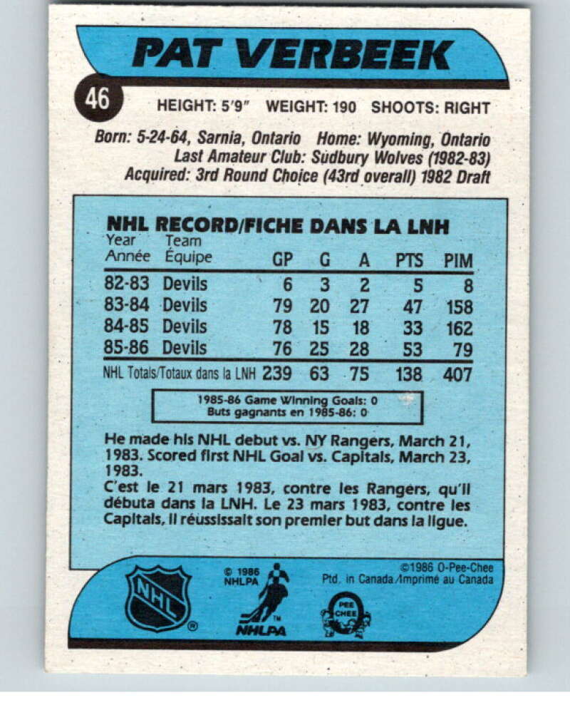 1986-87 O-Pee-Chee #46 Pat Verbeek New Jersey Devils V63287 Image 2